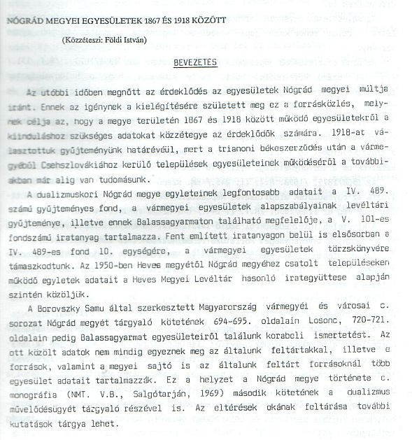 Földi István: Nógrád megyei egyesületek 1867 és 1918 között